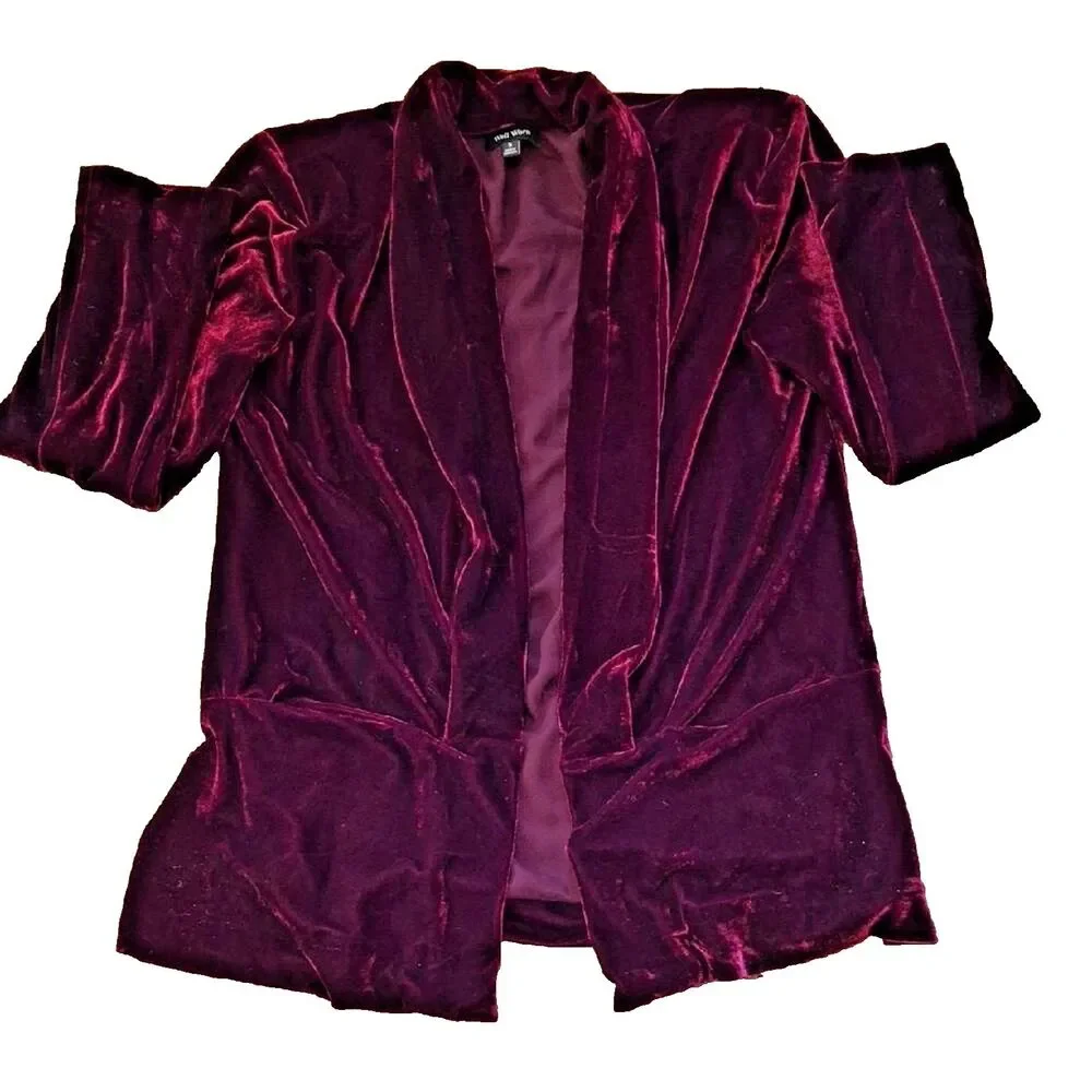 Well Worn Brand Maroon Velvet Blazer Jacket Small S Open Front Dark Burgundy